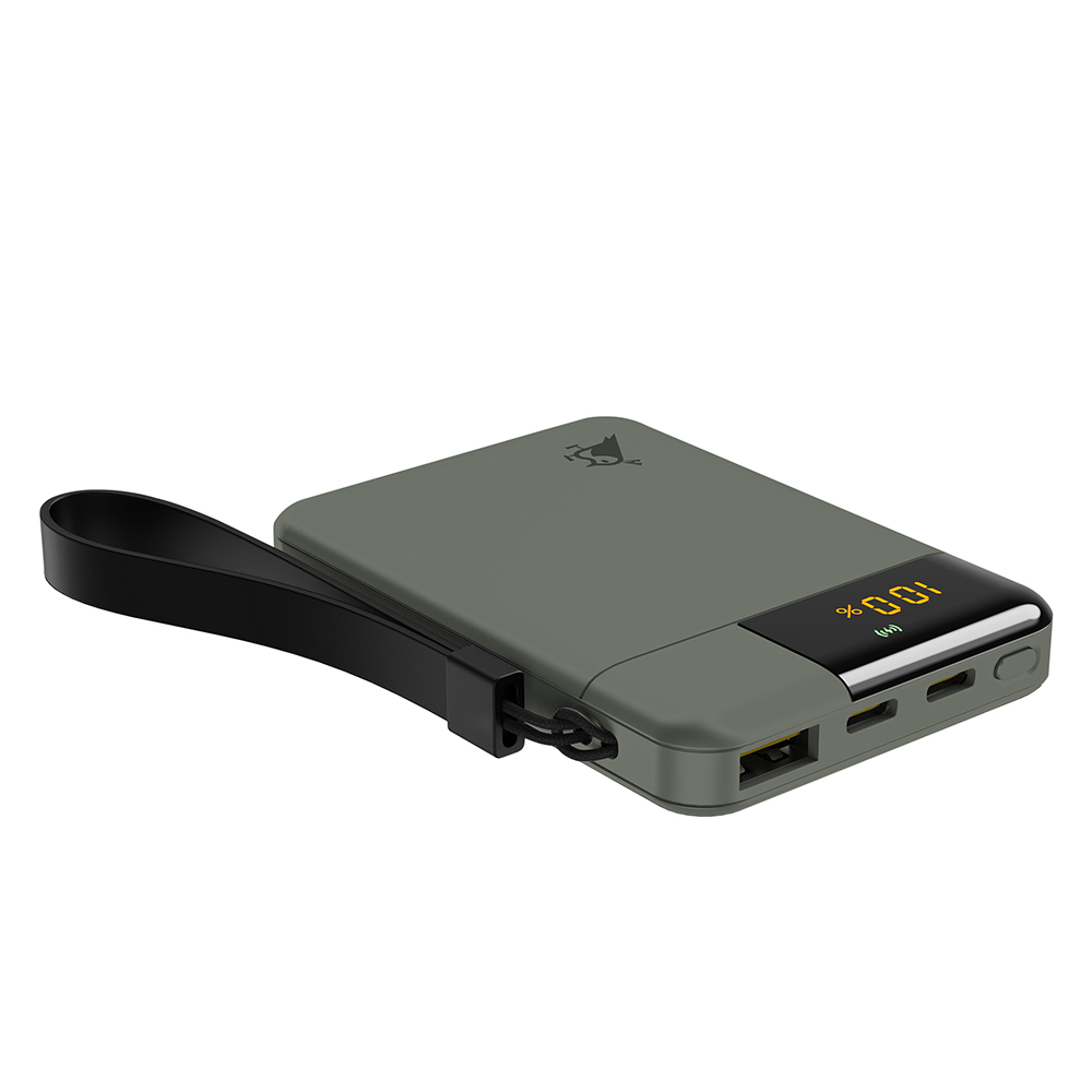 Aqiila Powerbank 5000mAh, 12W, klein en krachtig, Lichtgewicht, LCD Scherm, 2x USB-C, 1x USB-A, Pass Through Charging, plasticvrije verpakking, Powerbird B5 mosgroen